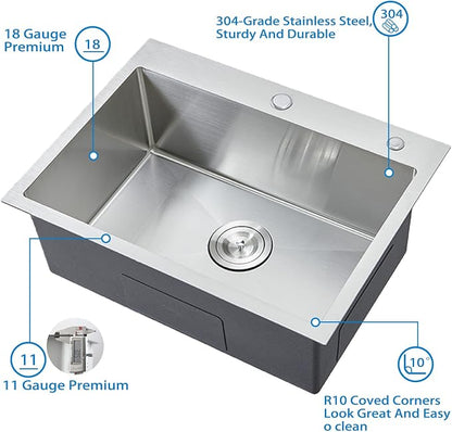HOTIS 24 x 18 Inch Drop In Kitchen Sink, Overmount 304 Stainless Steel RV Laundry Utility Sink, Topmount Extra-thick 16 Gauge Brushed Nickel Single Bowl Sink with Dish Grid & Drain