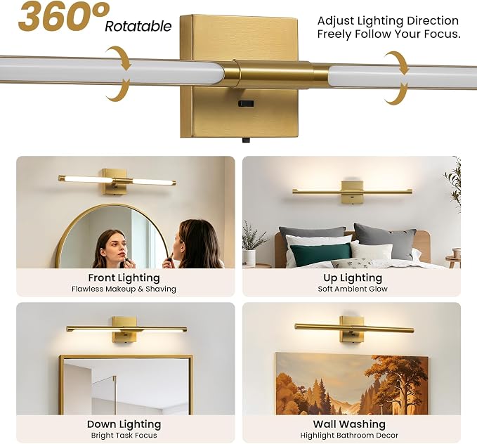 Epinl Modern Gold Bathroom Vanity Light, 24 inch 5CCT Dimmable Bathroom Lighting Fixture Over Mirror, 360° Rotatable Brush Gold LED Vanity Light Fixtures for Bathroom