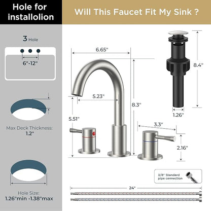 FORIOUS Bathroom Faucet 3 Hole, 360° Swivel 8" Sink Faucet Brushed Nickel | with Pop Up Drain, 2 Handles,for Sink Vanity RV Lavatory Farmhouse, 304 Stainless Steel, Lead-free, Leakproof