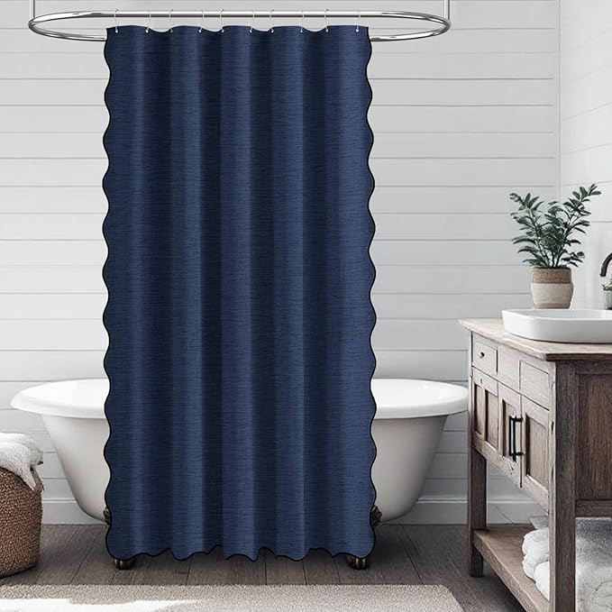 BTTN Stall Shower Curtain, 54x78 Boho Scalloped Linen Textured Thick Fabric Shower Curtain Set with 10 Plastic Hooks, Narrow Elegant Rustic Country Waterproof Shower Curtains for Bathroom, Navy Blue