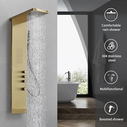 Brushed Gold Shower Panel Tower System Bathroom Wall Mount | Rain Shower Head with Body Jet Massage and Rainfall Hand Shower,High Pressure Large Area,Flexible Shower Hose,Stainless Steel