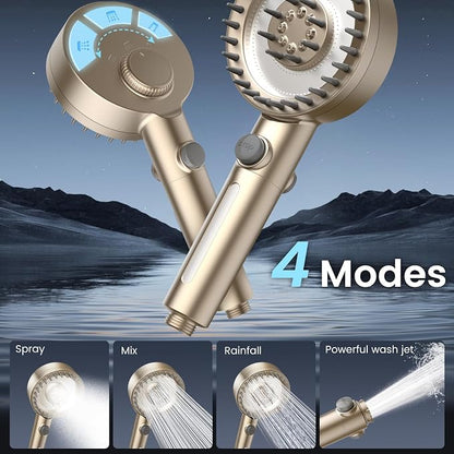 Filtered Shower Head with Handheld, High Pressure Showerhead with Filters | 4 Spray, ON/OFF Button for Pets, Detachable Shower Heads with Water Softener Filter Beads for Hard Water- Remove Chlorine