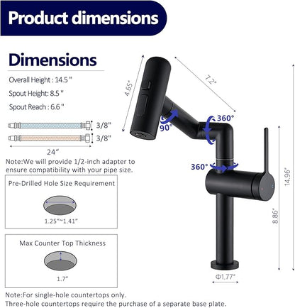 360°Rotatable Bathroom Faucet, 1 Hole Single Handle Bathroom Faucet, Bathroom Sink Faucet with 4 Water Outlet Modes for Kitchen Rv Bath Lavatory Sink, Matte Black