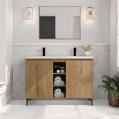 Freestanding Bathroom Vanity, 48" Bathroom Storage Cabinet with Double Resin Sinks, 2 Soft-Close Doors & 3 Open Storage Shelves, Floor Vanity with Adjustable Shelf & Black Tripod Base, Oak