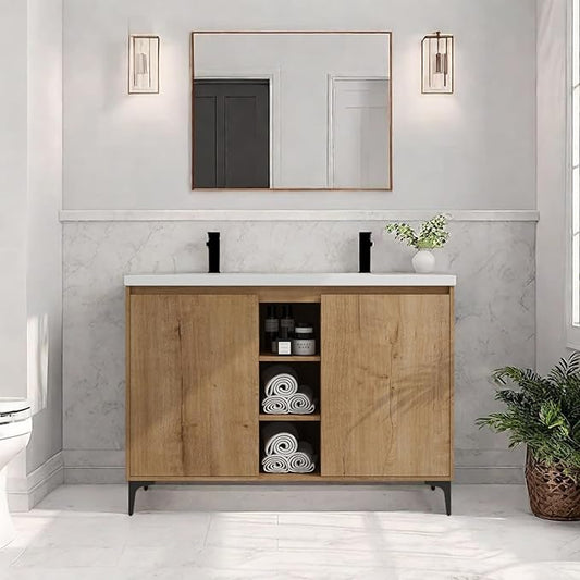 Freestanding Bathroom Vanity, 48" Bathroom Storage Cabinet with Double Resin Sinks, 2 Soft-Close Doors & 3 Open Storage Shelves, Floor Vanity with Adjustable Shelf & Black Tripod Base, Oak