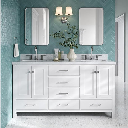 Beckford 66" White Double Bathroom Vanity with Sink, 1.5" Edge Italian Carrara Marble Countertop, 2 Rectangular Undermount Sinks, 4 Soft Closing Doors, 6 Dovetail Drawers, Brushed Nickel