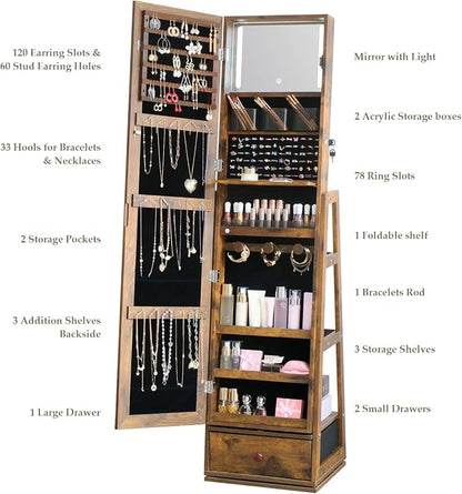 360° Swivel Full Length Mirror Jewelry Cabinet Standing With Built-In Mirror Jewelry Armoire With Mirror Drawers, Lockable Storage Christmas Gift Rustic Brown