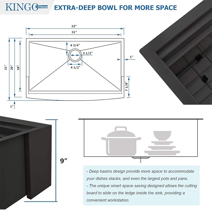 KINGO HOME 33 inch Black Farmhouse Sink, 16 Gauge Double Ledges Stainless Steel Farmhouse Kitchen Workstation, Apron Front Deep Single Bowl Kitchen Farm Farmer Style Sinks 33"x20"x9