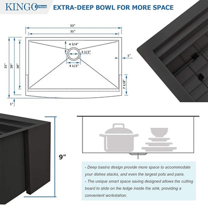 KINGO HOME 33 inch Black Farmhouse Sink, 16 Gauge Double Ledges Stainless Steel Farmhouse Kitchen Workstation, Apron Front Deep Single Bowl Kitchen Farm Farmer Style Sinks 33"x20"x9