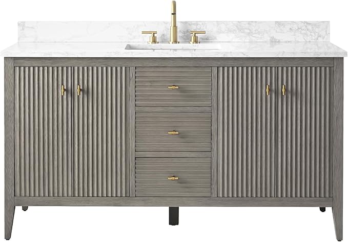 HOMEBEYOND 60" Bathroom Vanity with Single Sink, Solid Wood Bathroom Vanity Free-Standing Cabinet, Ceramic Top & Soft Closing Door, Golden Brushed Handware, Driftwood Gray