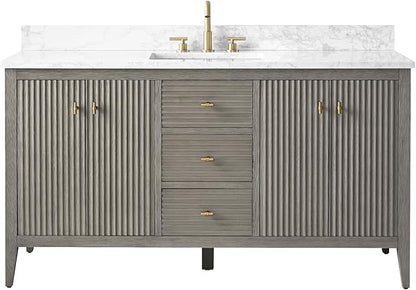 HOMEBEYOND 60" Bathroom Vanity with Single Sink, Solid Wood Bathroom Vanity Free-Standing Cabinet, Ceramic Top & Soft Closing Door, Golden Brushed Handware, Driftwood Gray