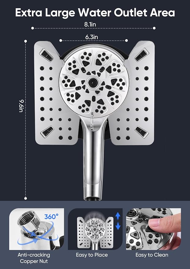 Shower Head with Handheld High Pressure, Rain Shower Head with Fixed Showerhead and 9 Sprays Handheld Shower, Detachable 2-IN-1 Shower head with 59" Rotatable Stainless Steel Hose (Chrome)