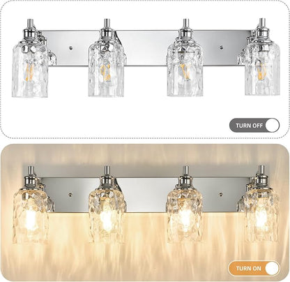 Bathroom Light Fixtures Over Mirror, 4 Lights Vanity Lights with Hammered Glass Shade, 30.8" Chrome Farmhouse Bathroom Light Fixtures for Bedroom, Porch, Hotel, Mirror Cabinet
