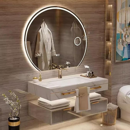 48 Inch Luxury Bathroom Vanity, Floating Bathroom Vanity with Sink and LED Round Smart Defogger Mirror, Multilayer solid wood Spacious Storage Drawer Include Faucet and Drain Fittings,Single Sink
