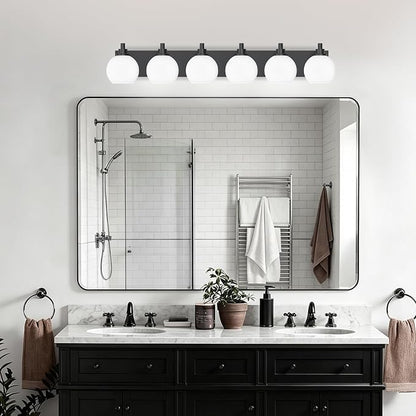 IZORRO Bathroom Light Fixtures, 6-Light Matte Black Vanity Light, Modern Wall Sconces with Globe Milk White Glass Shade, Vanity Lighting Fixtures Over Mirror,E26 Bulb Socket