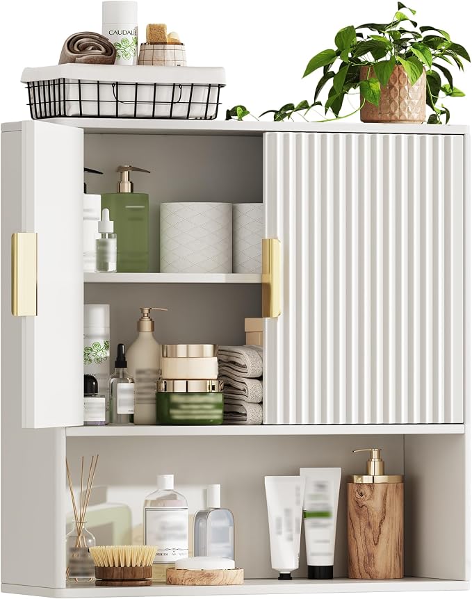 Bathroom Wall Storage Cabinet, Over the Toilet Storage Cabinet with Fluted Doors & Adjustable Shelf, Wood Medicine Cabinet Wall Mounted for Bathroom, Laundry Room & Kitchen, Natural Oak
