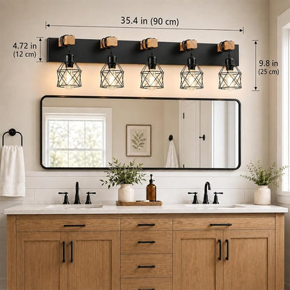 Farmhouse Vanity Light Fixture,5-Light Bathroom Lighting,Black Industrial Wood Wall Light Over Mirror with Metal Shade,LED Bulbs Not Included