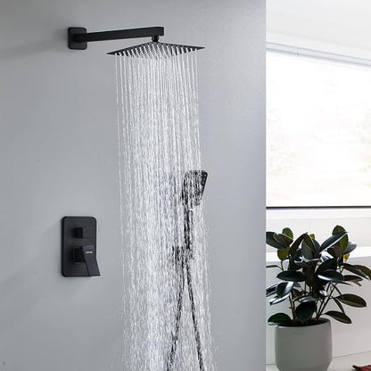 8 Inch Shower System with Tub Spout, Black Shower Faucet Set for Bathroom, Square High Pressure Shower Head, 2-Setting Handheld Faucets Sets, Wall Mounted Rainfall Shower Valve Kit