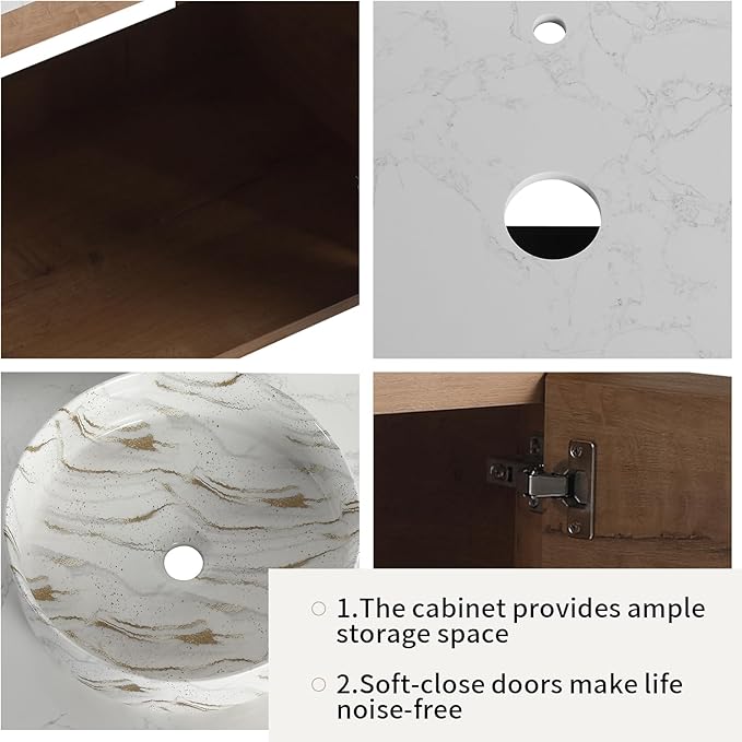 LKTART 24 Inch Floating Bathroom Vanity with Sink, Modern Wall Mounted Bathroom with Soft Close Door, White Stone Round Ceramic Basin and Sintered Stone Top