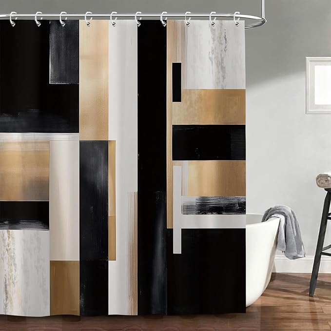 Black and Gold Abstract Shower Curtain Set, Modern Art Aesthetic Oil Painting Shower Curtain, Boho Neutral Artistic Fabric Waterproof Bathroom Curtains with 12PCS Hooks 60X72IN Brown Beige