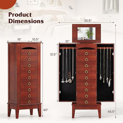 COSTWAY Standing Jewelry Cabinet, Wooden Jewelry Storage Chest with 9 Drawers, 2 Side Doors & Flip Top Mirror, Bedroom Jewelry Armoire with Top Divided Compartments