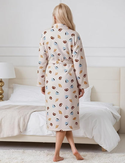 Women Fleece Fruit Print Robe Cute Robes for Women Spring Summer Lightweight Bathrobe Soft Flannel Gown with Belt