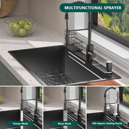 Black Drop-In Kitchen Sink:30in Stainless Single Bowl Sink &Accessories | Spacious 30-Inch Workstation Sink with 7-in-1 Accessory Set, Designed for Large Families