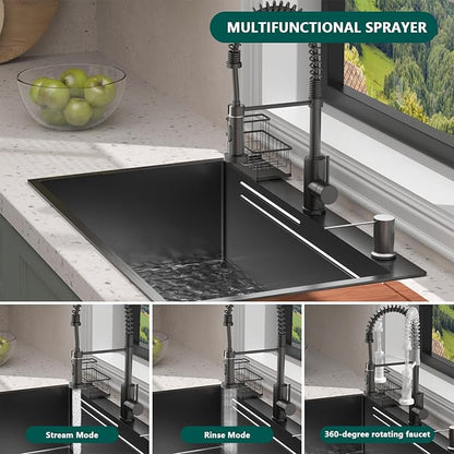 Black Drop-In Kitchen Sink:28in Stainless Single Bowl Sink &Accessories | Spacious 28-Inch Workstation Sink with 7-in-1 Accessory Set, Designed for Large Families