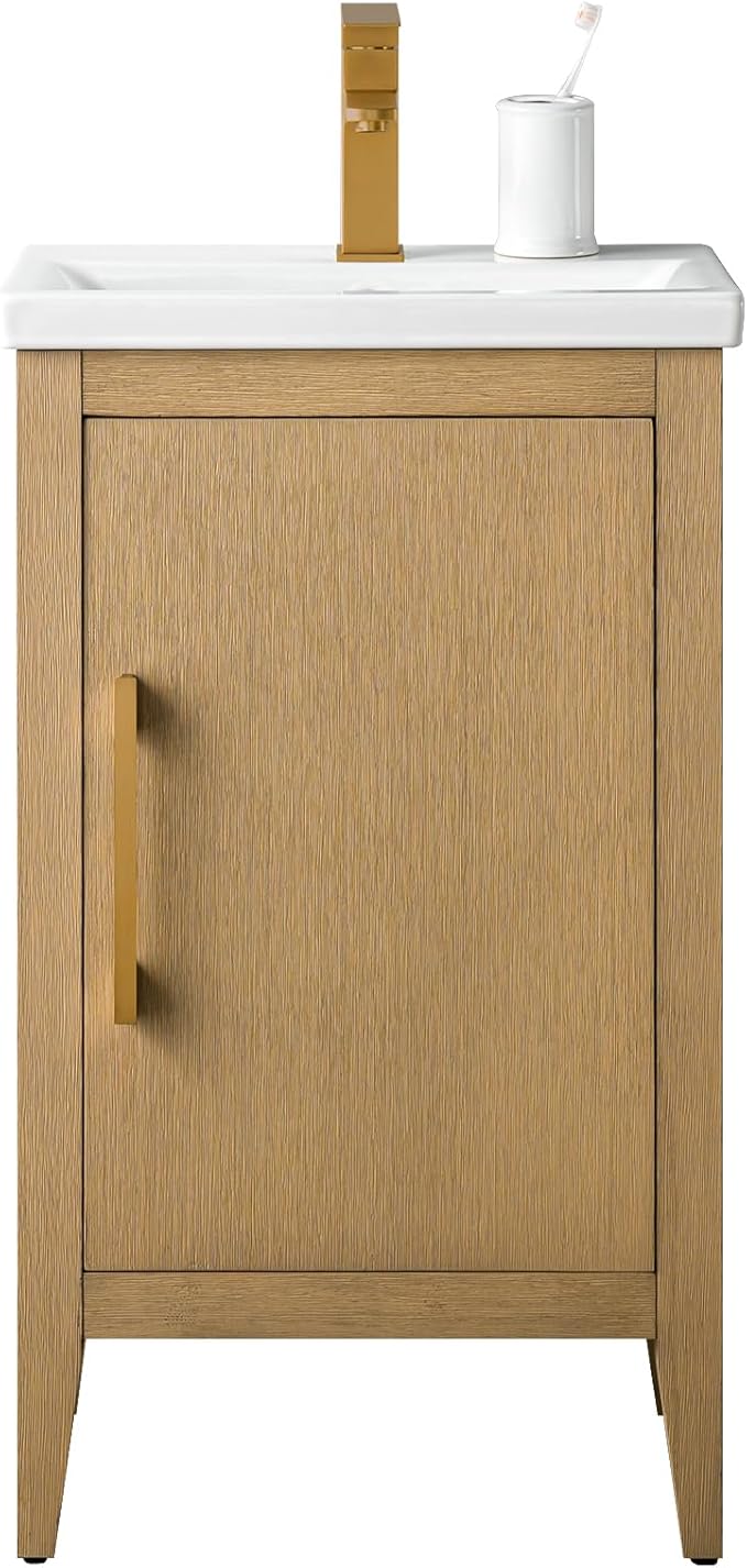 Vanity Art 20 inch Bathroom Vanity with Single Sink & Ceramic Top, Vanity Cabinet with Soft-Closing Doors, Solid Wood Frame, Natural Oak, VA9020-NO-GB1