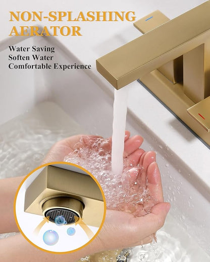 Tohlar Brushed Gold 2 Handle 4 Inch Centerset Bathroom Faucet with Pop Up Drain and 2 Lead-Free Hoses