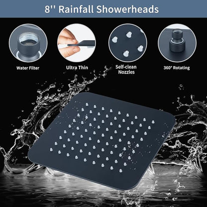 VXV 8'' High Pressure Rainfall Shower Head with 6 Function Handheld Shower Spray, Dual Shower Head Combo with Adjustable Slide Bar, Luxury Matte Black