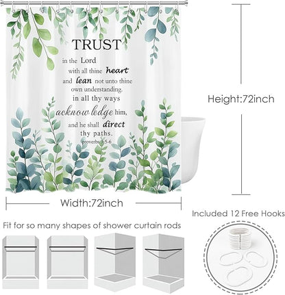 HVEST Sage Green Eucalyptus Shower Curtain with Hooks, Green Leaf and Bible Verse Inspirational Quotes on White Shower Curtain for Bathroom Nature Botanical Bathroom Decor Accessories,72L X 72W inches