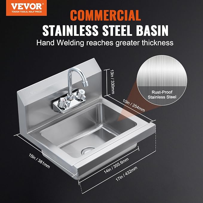 VEVOR Commercial Hand Sink with Faucet, Stainless Steel Sink for Washing, Small Washing Sinks, Wall Mount Hand Basin, Utility Sink for Restaurant, Kitchen, Bar, Garage and Home, 17 x 15 inch