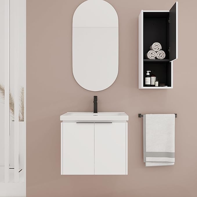 24 Inch Bathroom Vanity with Sink Combo,24'' Floating Bathroom Vanity with Sink, Modern Wall Mounted Cabinet Set with 12'' Side Cabinet Combo,White