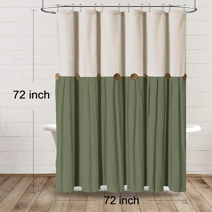 Farmhouse Shower Curtain Linen Button Cream-Green 72" W x 72" L | Farmhouse Style, Chic Button, Striped, Linen Fabric, Rustic, Country, Natural Look, Washable, for Bathroom Bathtub