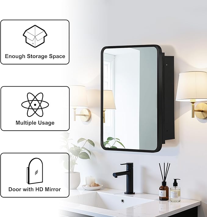 Casaphoria 24" H x 16" W Bathroom Medicine Cabinet with Mirror, Metal Frame Wall Medicine Cabinets Mirrors, Wall Mirror Cabinet, Black
