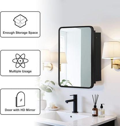 Casaphoria 24" H x 16" W Bathroom Medicine Cabinet with Mirror, Metal Frame Wall Medicine Cabinets Mirrors, Wall Mirror Cabinet, Black