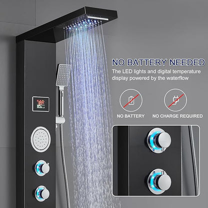ROVATE LED Shower Panel Tower System - Rainfall Waterfall Shower, Round Body Jets, Handheld and Tub Spout, Digital Temp-Display, LED Knob, No Battery Needed 5-in-1 Stainless Steel Shower Column Black