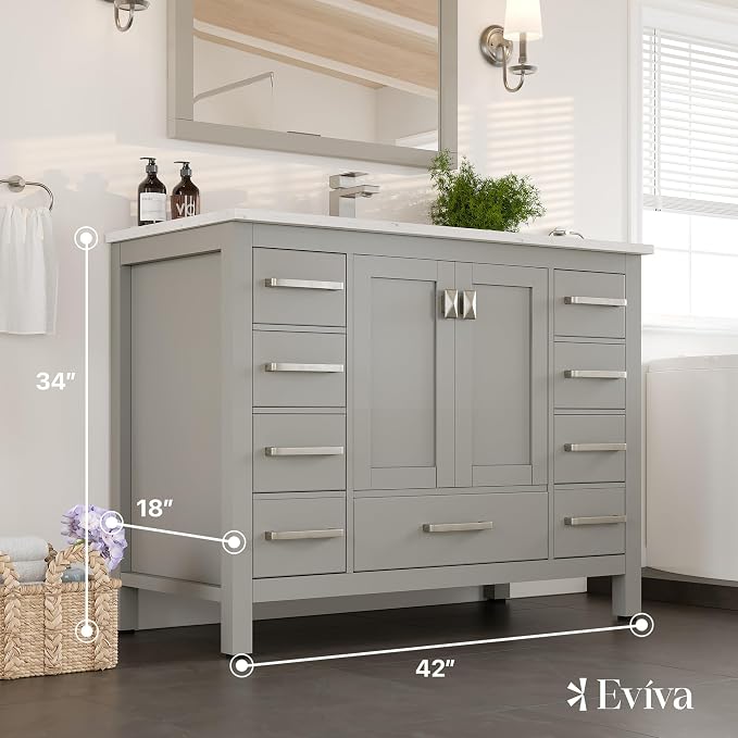 Eviva London 42 Inch Vanity with Top – 42 Bathroom Vanity with Sink and Countertop, Gray Bathroom Sink Cabinet with Quartz Countertop & Porcelain Single Sink for Modern Bathroom & Home Decor