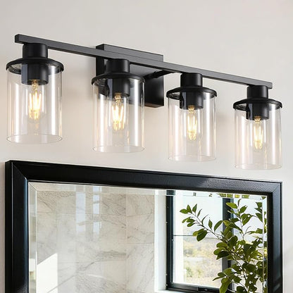 LOUSACE 4 Light Bathroom Vanity Light, 27" Black Vanity Lighting Fixture Over Mirror with Clear Glass Shade, E26 Base