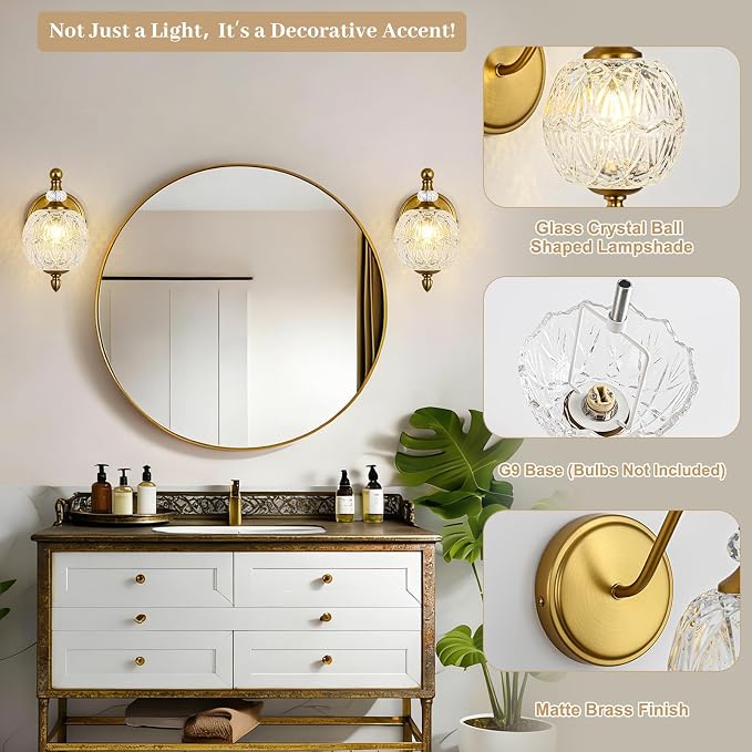 1 Piece Vintage Wall Sconce, 1-Light Mid Century Matte Brass Finish Wall Sconce with Globe Glass Shade, Retro Light for Bathroom, Bedroom, Living Room,Powder Room