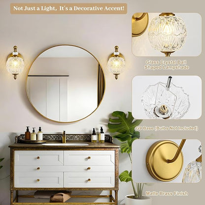 1 Piece Vintage Wall Sconce, 1-Light Mid Century Matte Brass Finish Wall Sconce with Globe Glass Shade, Retro Light for Bathroom, Bedroom, Living Room,Powder Room