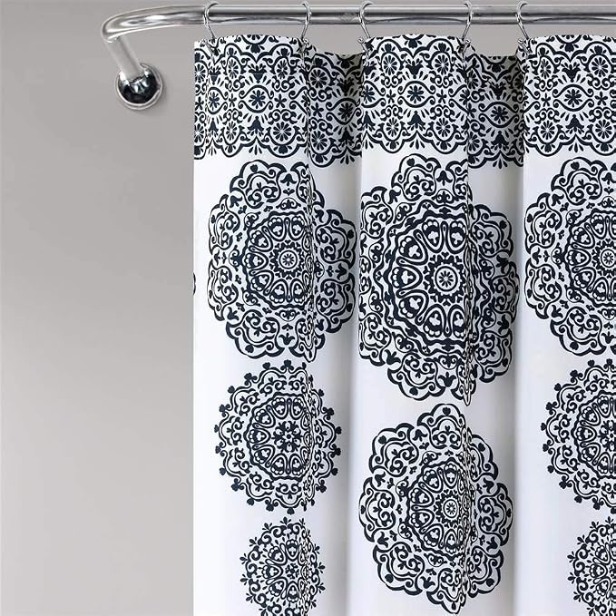 Lush Decor Stripe Medallion Shower Curtain-Fabric Mandala Bohemian Damask Print Design, 72" x 72", Navy