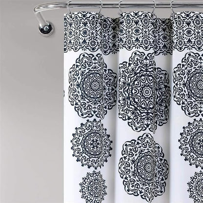 Lush Decor Stripe Medallion Shower Curtain-Fabric Mandala Bohemian Damask Print Design, 72" x 72", Navy