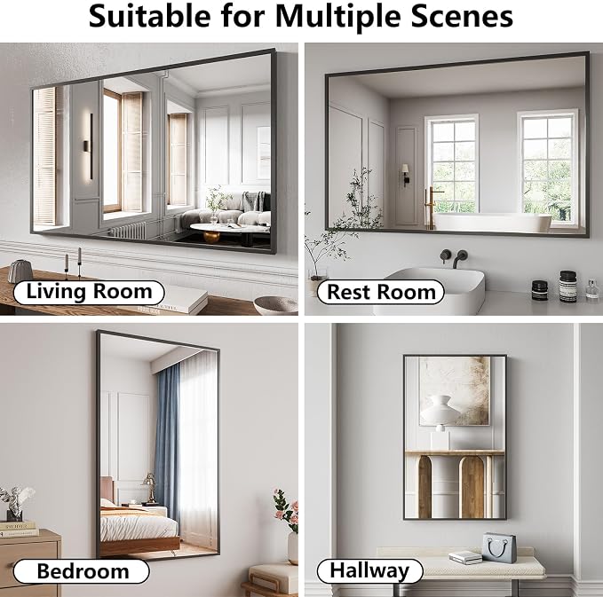 Koonmi Bathroom Mirror for Wall, 30"x48" Black Bathroom Mirror for Over Sink, Shatterproof Tempered Glass Vanity Mirror with Anti-Rust Aluminum Alloy Frame, Hang Horizontally or Vertically
