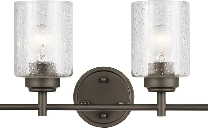 Kichler Winslow 4-Light Farmhouse Vanity Light, Olde Bronze | Clear seeded glass vanity light for bathroom mirrors (30" x 9.25" x 12"), 45887OZ