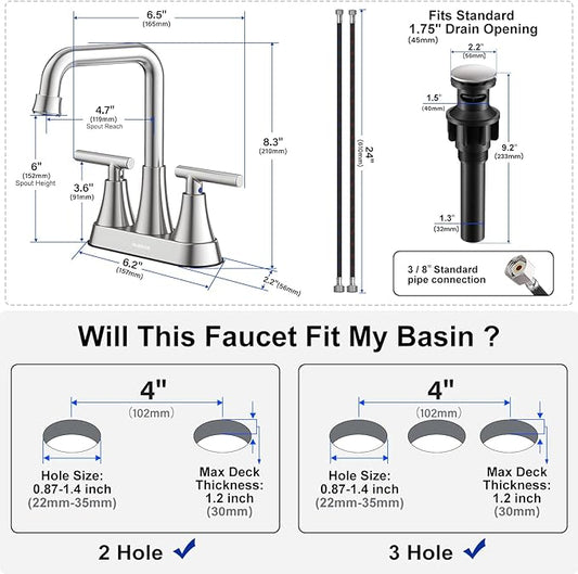 Bathroom Sink Faucet, Hurran 4 inch Brushed Nickel Bathroom Faucets for Sink 3 Hole with Pop-up Drain and Supply Lines, Stainless Steel 2-Handle Centerset Faucet for Vanity RV Restroom