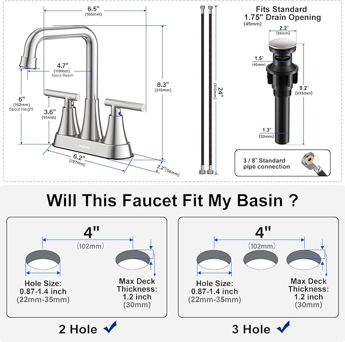 Bathroom Sink Faucet, Hurran 4 inch Brushed Nickel Bathroom Faucets for Sink 3 Hole with Pop-up Drain and Supply Hoses, 2-Handle Centerset Faucet for Vanity RV Farmhouse, 2 Pack