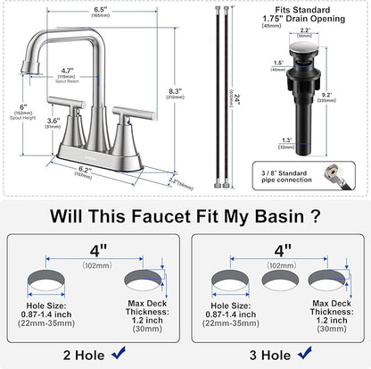 Bathroom Sink Faucet, Hurran 4 inch Brushed Nickel Bathroom Faucets for Sink 3 Hole with Pop-up Drain and Supply Hoses, 2-Handle Centerset Faucet for Vanity RV Farmhouse, 2 Pack