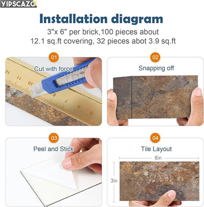 Yipscazo Peel and Stick backsplash 3 x 6 Inches 3D PVC Composite Wall Tile Stick on Backsplash Tile for Kitchen Bathroom, Laundry Room, Fireplace(Rust-Slate, 100 Pieces)